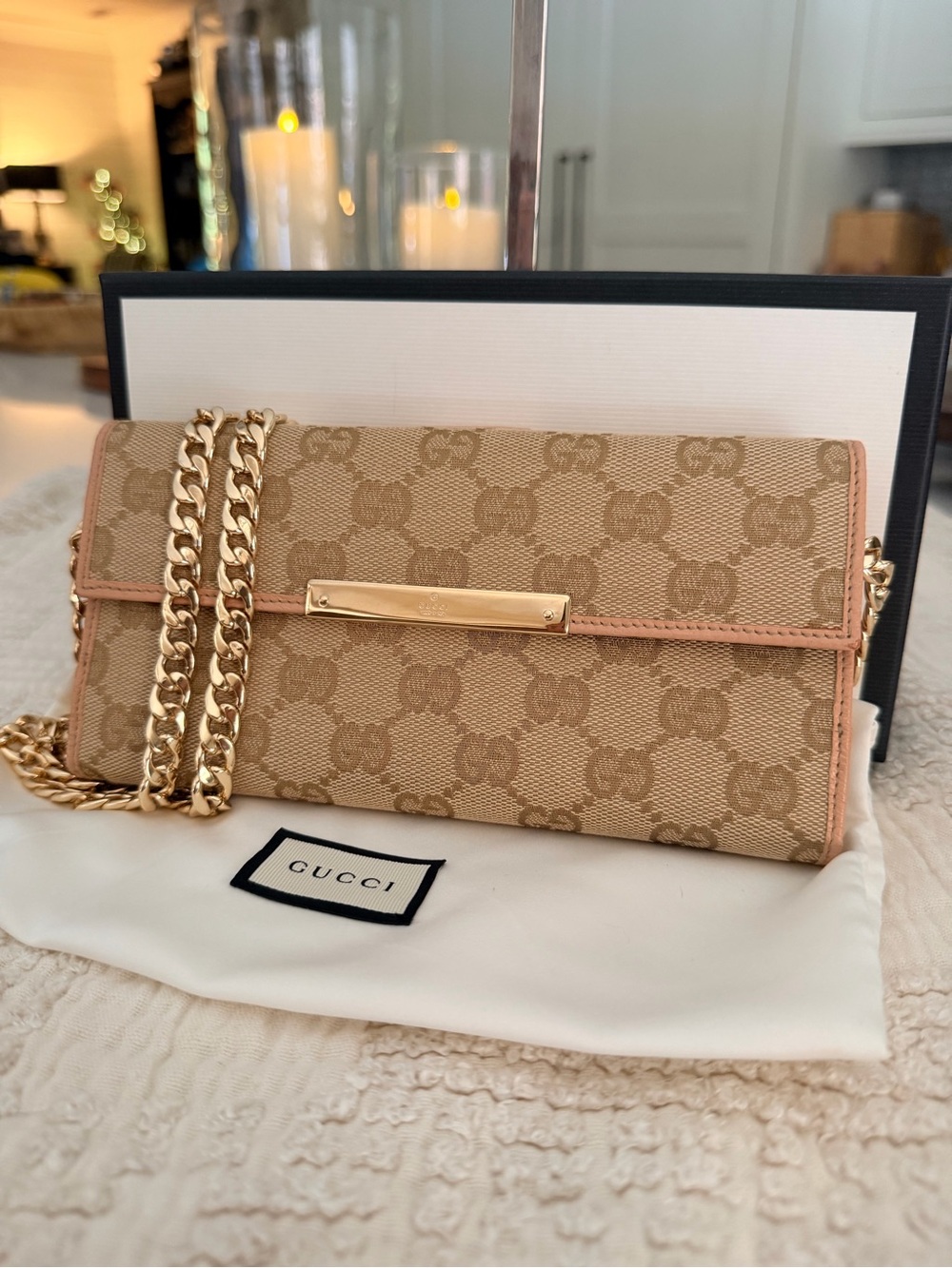 Gucci Beige GG Canvas Crossbody with Pink Trim and Unbranded Gold Chain